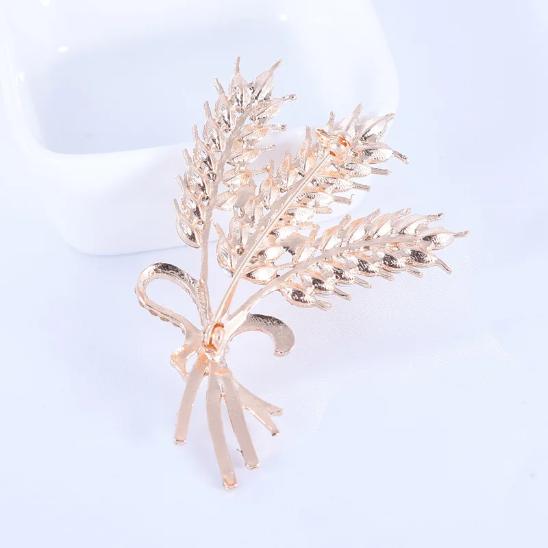 Go Party High-End Overcoat Scarf Button Brooch Jewelry Crystal Wheat Bow Brooches Pin Yellow Rhinestone Wheat Brooches Women