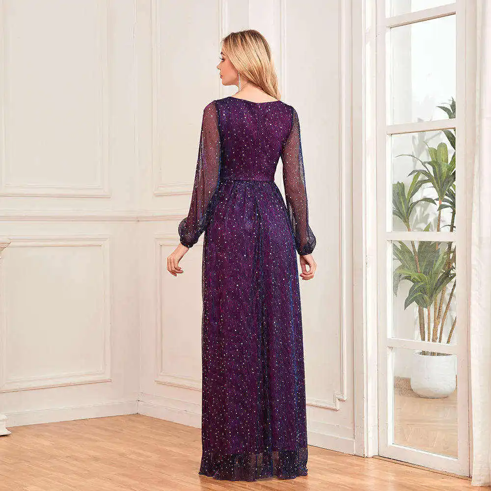 EP Spring Trendy 2024 Custom Oem Casual Bridesmaid Dresses Wedding Long Sleeve V -neck Shiny Stretch Evening Dress For Women