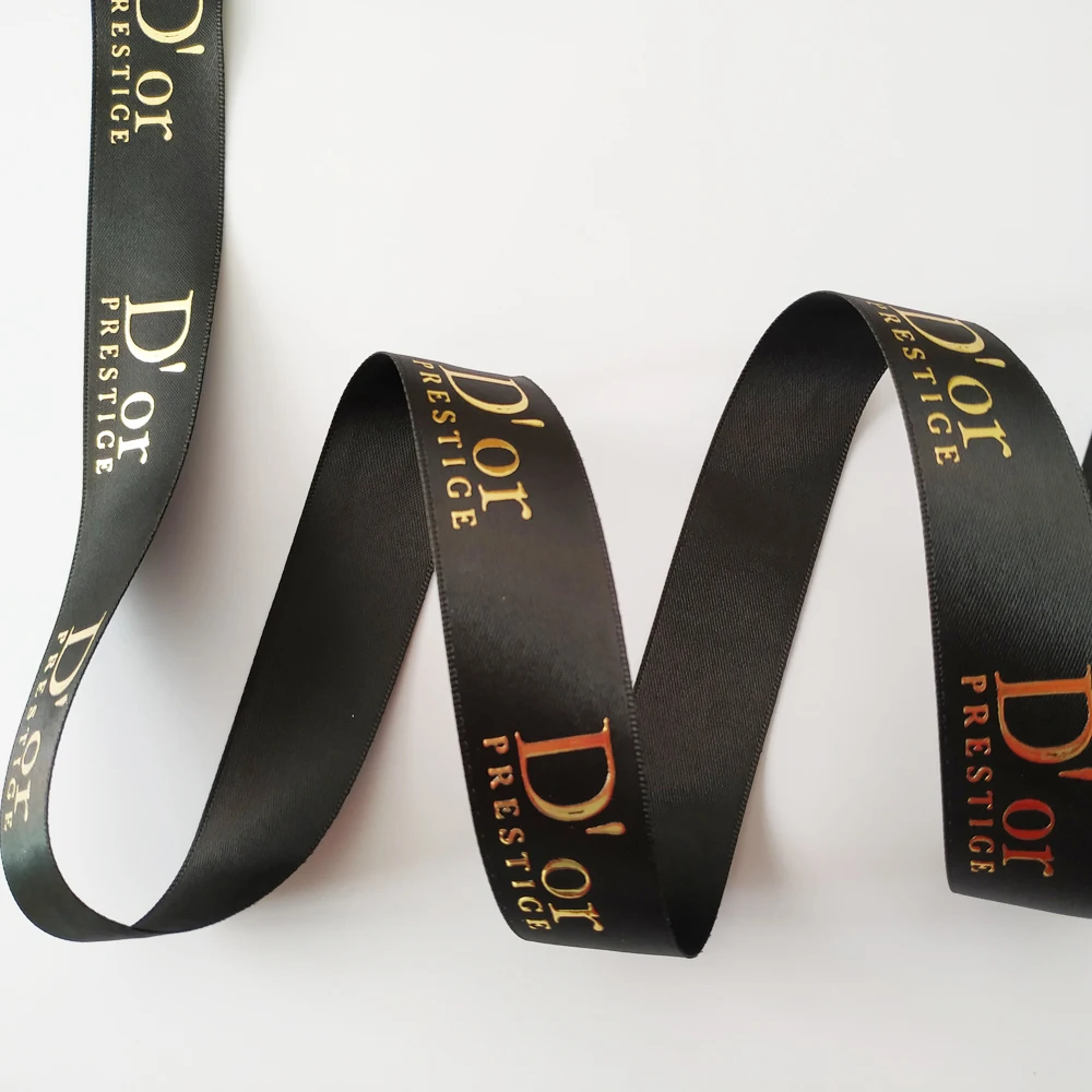 Luxury White Black Satin Ribbon 100% Polyester Silk Custom Printing Logo Ribbons Clothing Gifts Decorations 38mm Gold Foil
