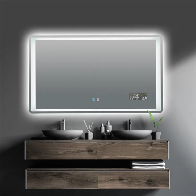 Stainless Steel framed Modern Style Smart Anti-Fog And Weather Forecast Bathroom LED Makeup Mirror