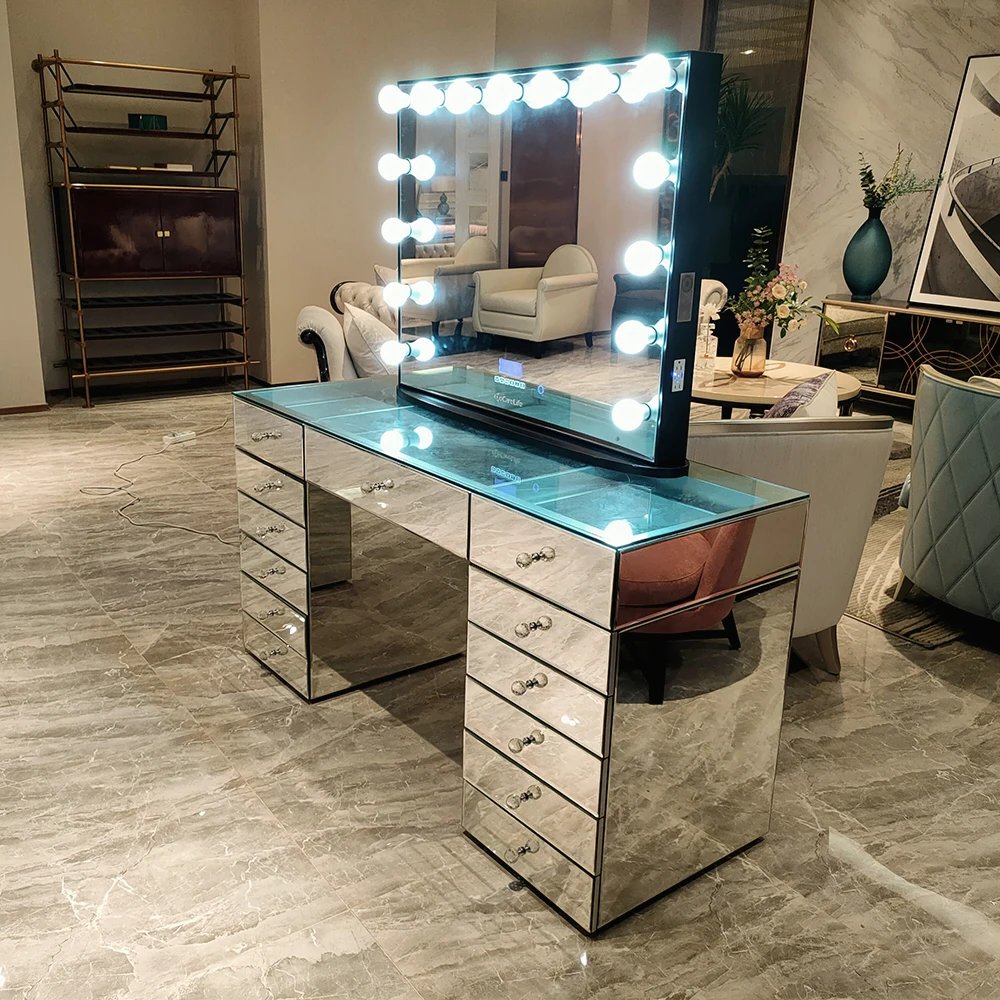 Docarelife bedroom set dresser glass tabletop 13 drawers makeup Hollywood lighted mirror vanity set  mirror table