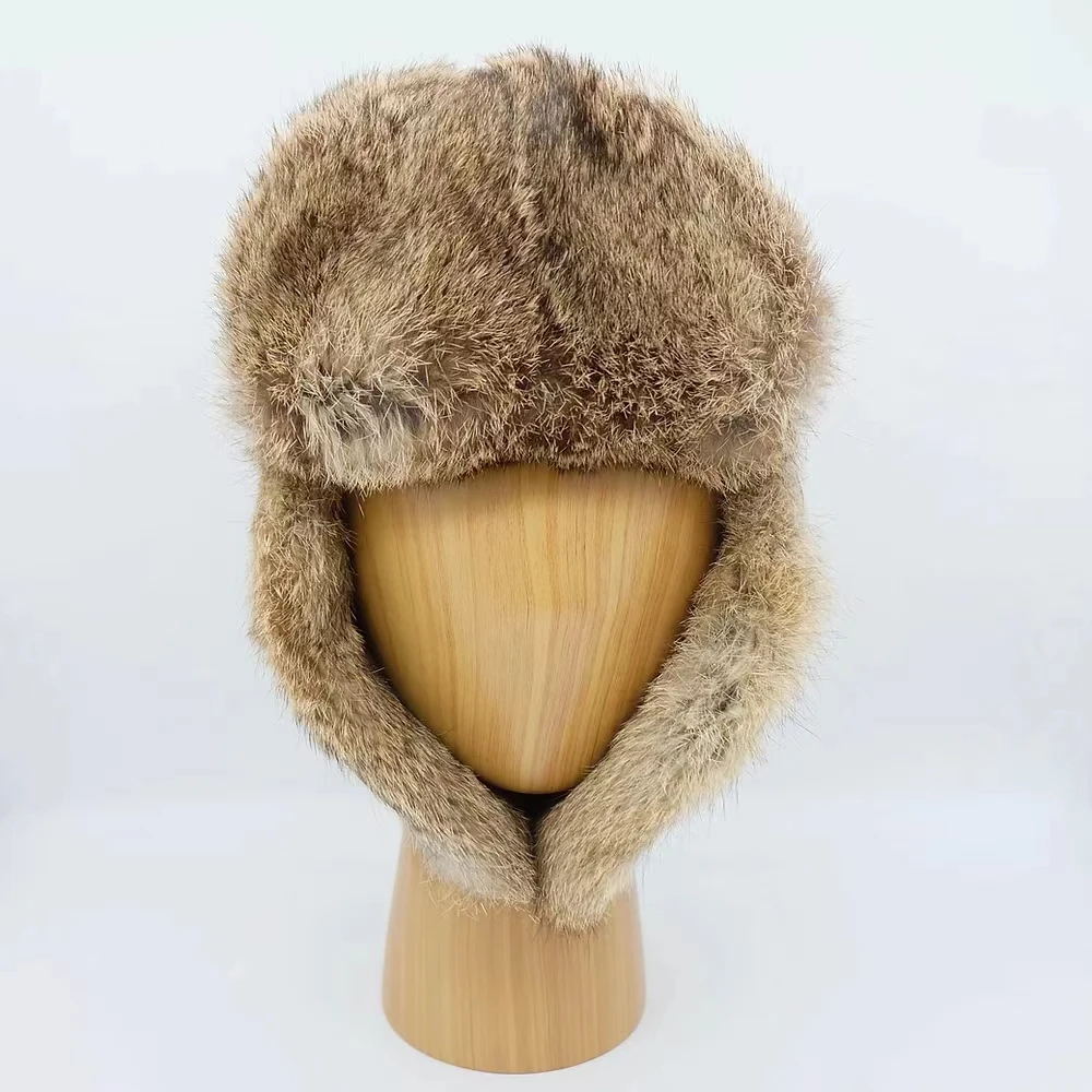 Fashion Waterproof Hunting Russian Unisex Men Plain fur Warm pure color Nylon Ear Flap Strap Winter Hat