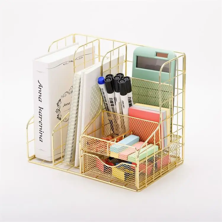Hot Sale Rose Gold Metal Wire Desks Desktot File Holder Pen Storage Basket For Desk Stationary Supplies Office