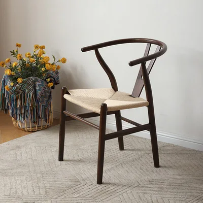 Wholesale Rattan Armchair Dinning Room Furniture Rope Wooden Chair Nature Color Wishbone Solid Wood Y Woven Rope Dining Chair