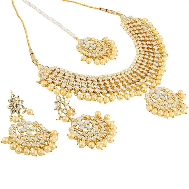 Wholesale Indian Bridal Gold Plated Kundan Polki Necklace with Earrings Maang Tikka Jewellery Sets