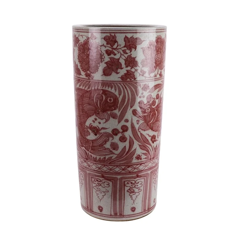 RXCG05-A-B-C Hand-painted Fish and Alga Crane flower and bird Arrow Glazed red color Ceramic Umbrella stand flower pot