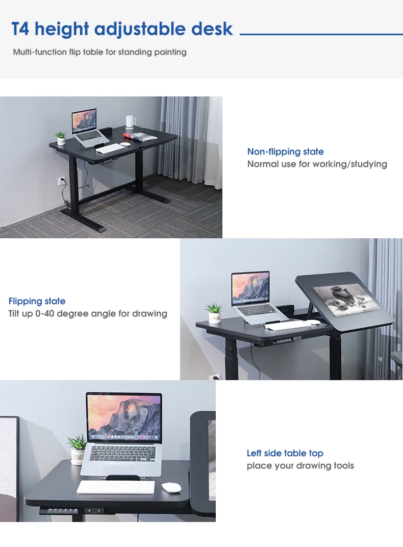 Modern Ergonomic Stand Up Desk With Tilting Function Electric Height Adjustable Standing Desk Frame Dual Motor For Drawing Study