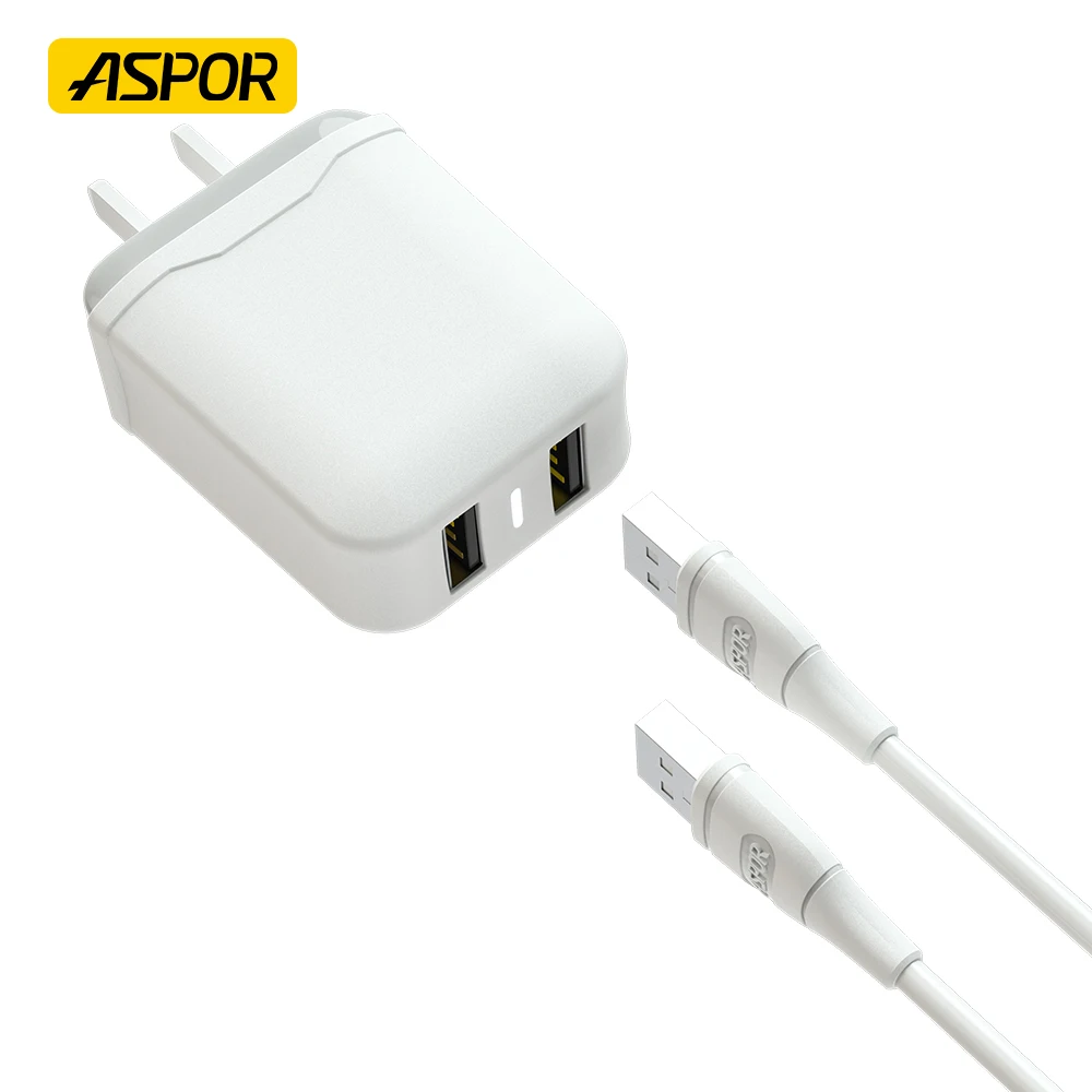 ASPOR A829 Travel Wall Charger Dual USB Port 5V 2.4A 12W Fast Charging UK US EU Plug Home Use Electric PD Mobile Phone Wall