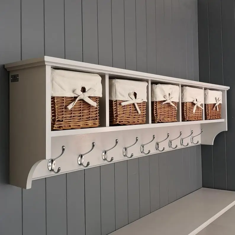 Wooden Wall-Mounted Coat and Hat Rack with Storage Baskets Decorative Display Shelves Including Cubby Holes