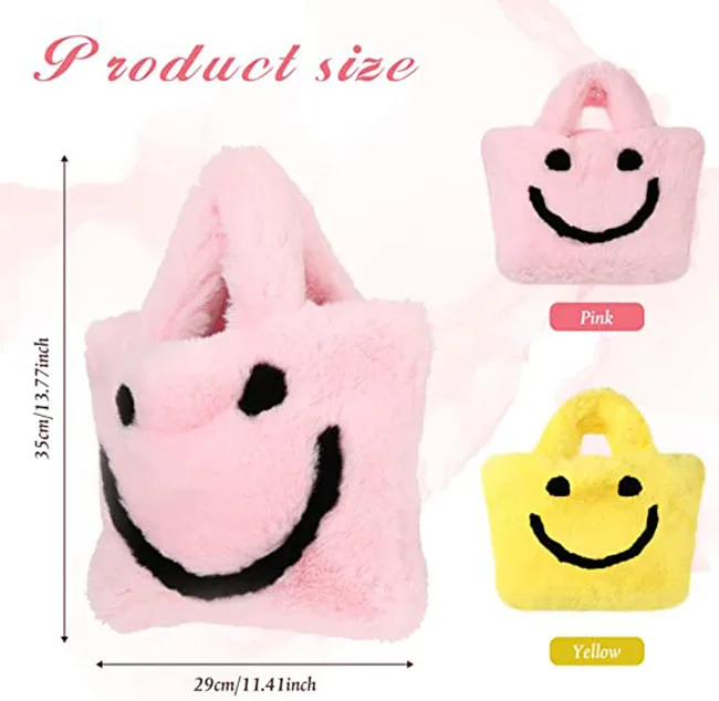 3183 Cute Fluffy Yellow / Pink Smile Face Design Plush Women Handbag Portable Faux Fur Clutch Tote Bag Girls Gift Plush Bag