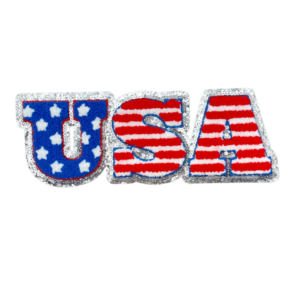 Wholesale usa letter sequin iron on patches custom usa flag chenille sequin embroidery patch For Clothes hats