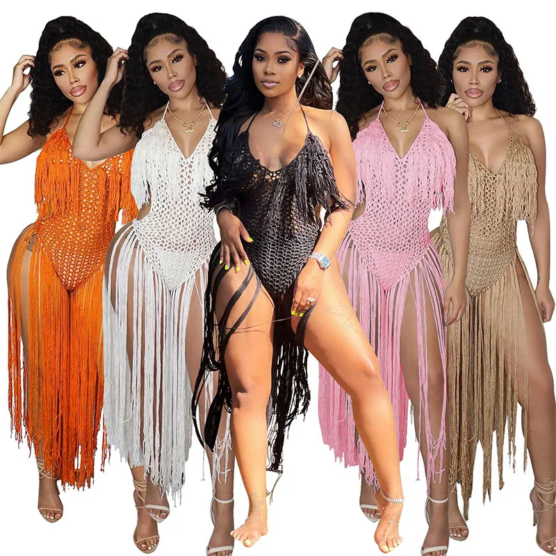 2022 Sexy See Through Fringe Ladies Crochet Knit Bikini Swimwear Bathing Suit Women Maxi Dress Beach Wear Swimsuit Cover Ups