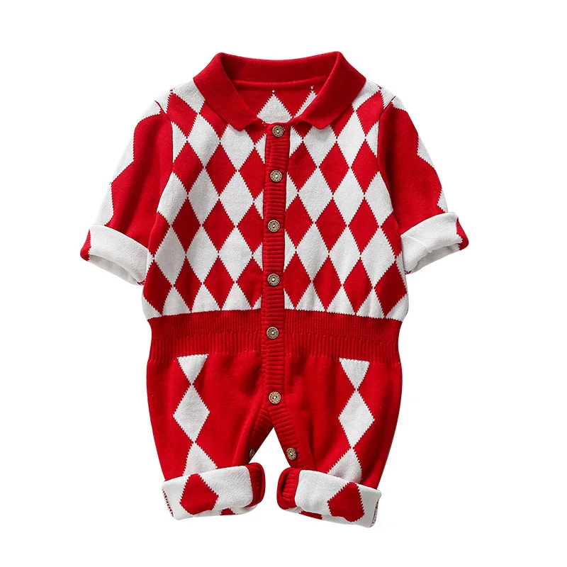 Lovely Sweet infant clothes Customized Knitted Baby Romper onesie jumpsuit baby halter crawl with diamond check pattern