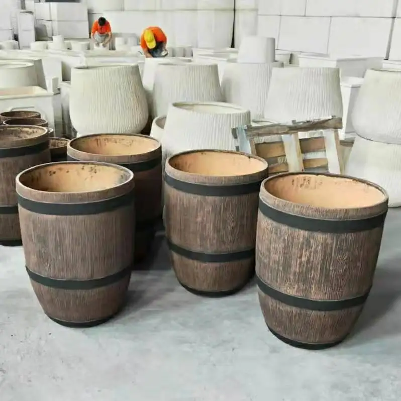 Tall round wooden  texture oak barrel flower pots