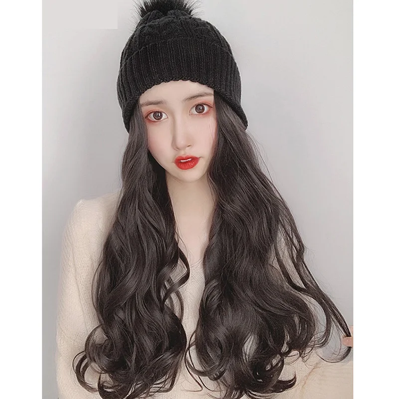 Fashion Autumn Winter Warm New Wigs With Hat Long Wave Hair Beanie Hat With Wig
