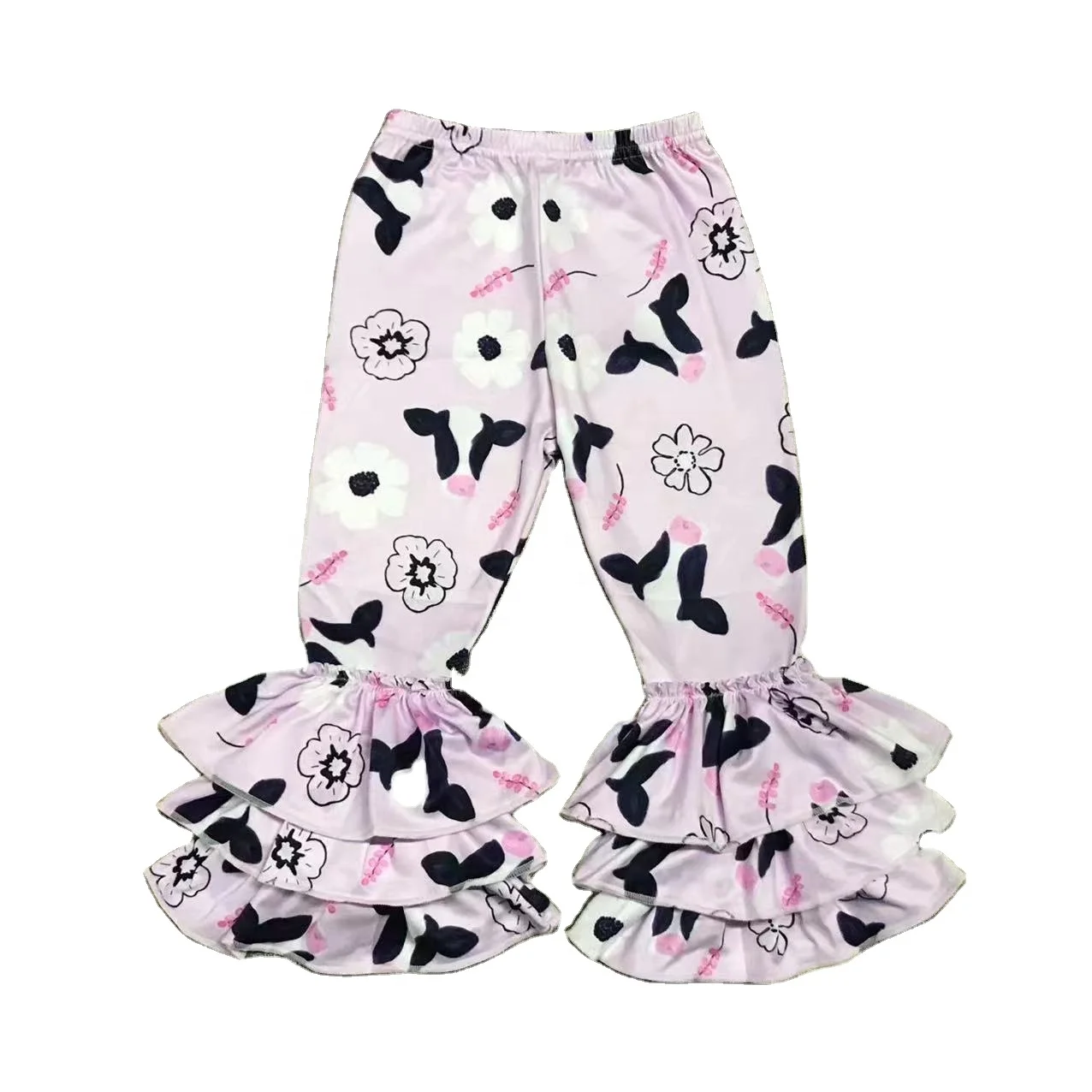 Fashionable Pants for Boys Cow Head Flower Three Fold Girls Triple Ruffle Pants Kids Leggings