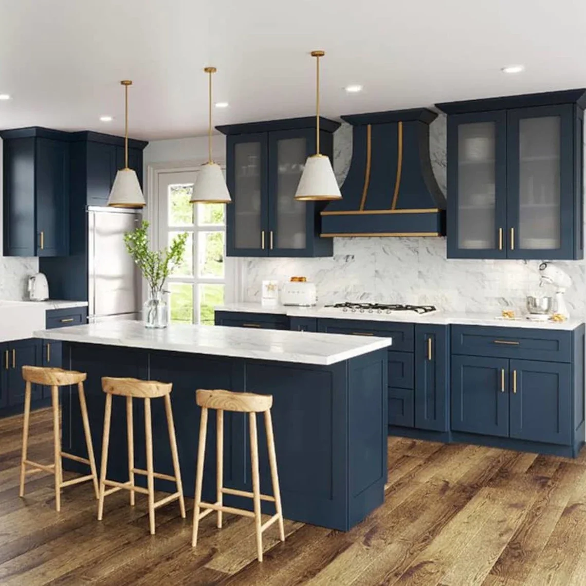 Classic Style Shaker Tenon and Mortise Drawer Countertop Solid Wood Varnish Finish Blue Kitchen Cabinet