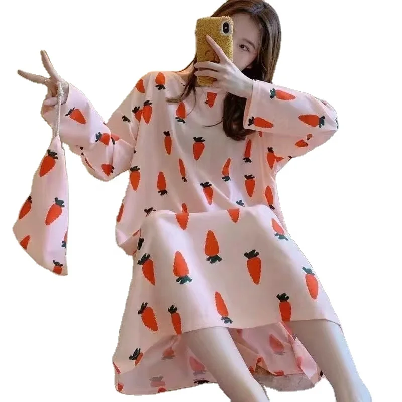 Wholesale Students Long Sleep Skirts Ladies Long Sleeve Cartoons Milk Silk Pyjamas Korean Night Dresses Loungwear Home Wear