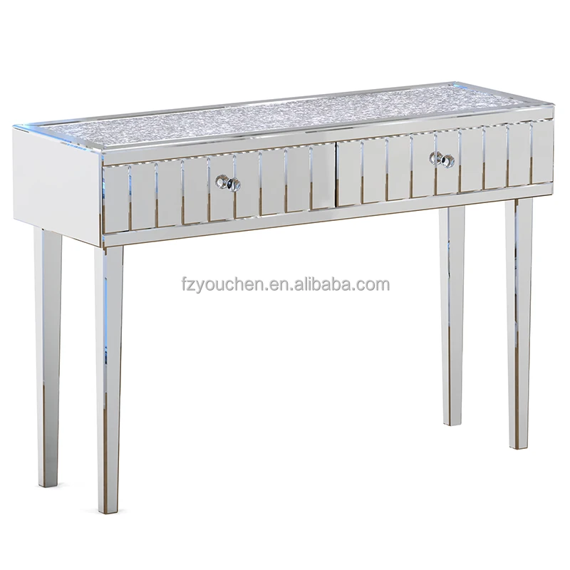 Crushed Diamond Glass Dressing Table Mirrored Furniture 2 Drawer Console Table