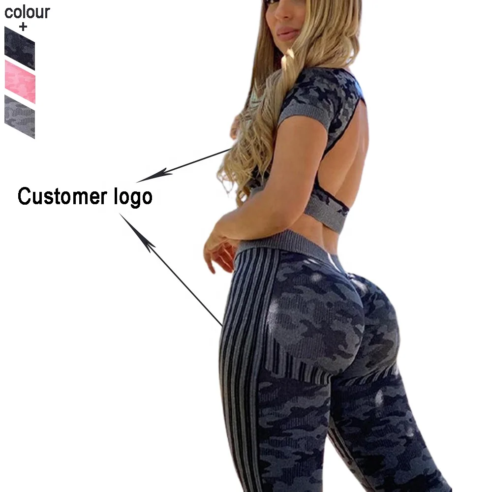 Short Sleeve Backless Camouflage Printing Seamless Workout Gym Sets 2 Pieces Tracksuits Gym Leggings Set and Sports Crop Top