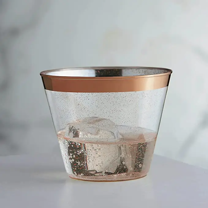 Disposable 9 oz Color Rim with Glitter Plastic Cups Hard Plastic  gold / rose/gold/silver rim with colorful glitter