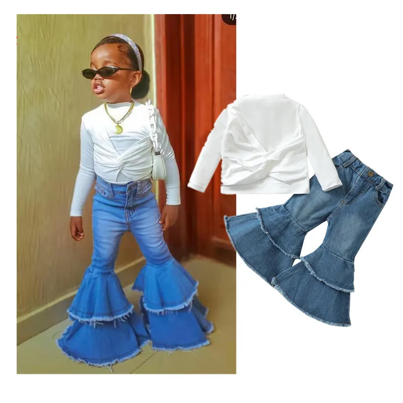 2024 Fashion Kids Girl Clothing Set Jeans Bell-Bottoms Cotton T-Shirt Toddler Baby Clothes Suit