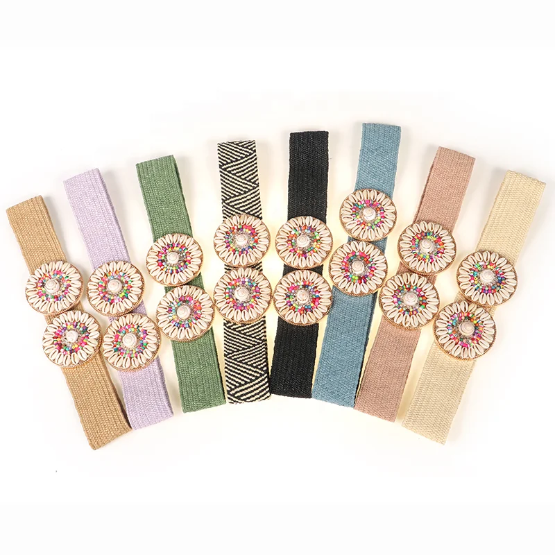 Hot sale Summer Boho Beach Style Soft pottery pieces Natural sea snail Shell women PP straw elastic Belts