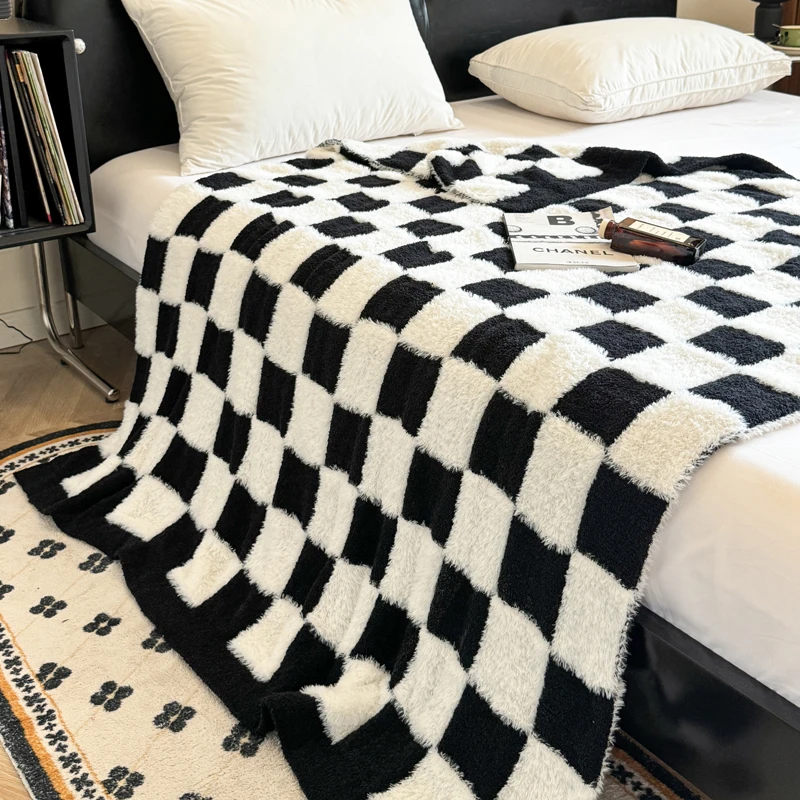 100% Polyester Baby Blanket 50*60in Fluffy Knitted Throw with Solid Striped Pattern Azo-Free Soft Feather Yarn Checkered Design