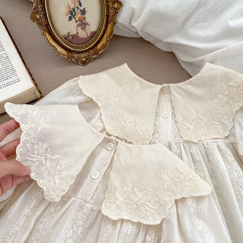Spring 2024 Baby Clothes Girls Flower Embroidery Big Lapel Long Sleeve Wrap Dress Baby Princess Dress