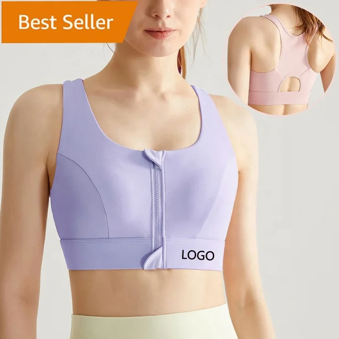 Women Zip Front S-5XL plus size Running Racerback High Impact Sport Yoga Workout Fitness Bras Crop Top permanent pad Sports Bra