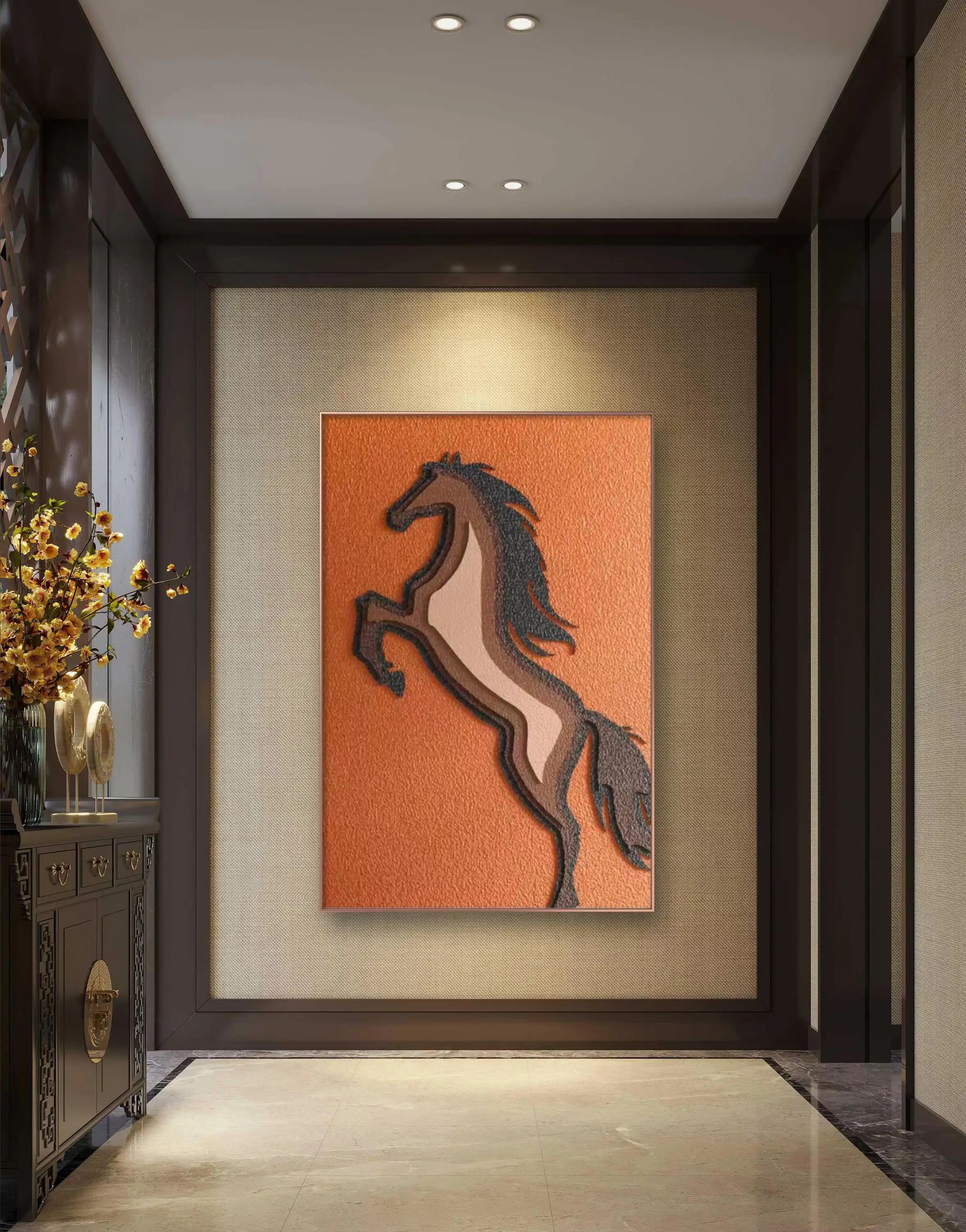 Customized living room foyer corridor background wall decoration painting 3D sandstone wood carvinging horse