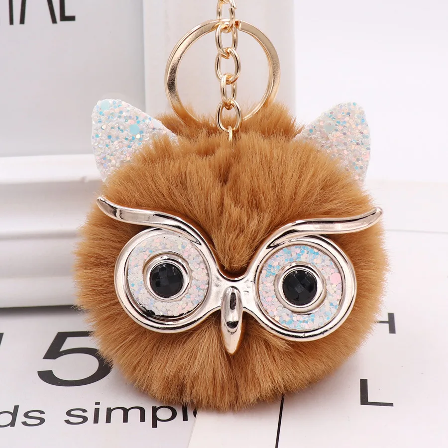 Wholesale Cute Owl Pom Fluffy Pom Plush Keychain Key Ring Faux Fur Ball For Girls Women Bag Accessory