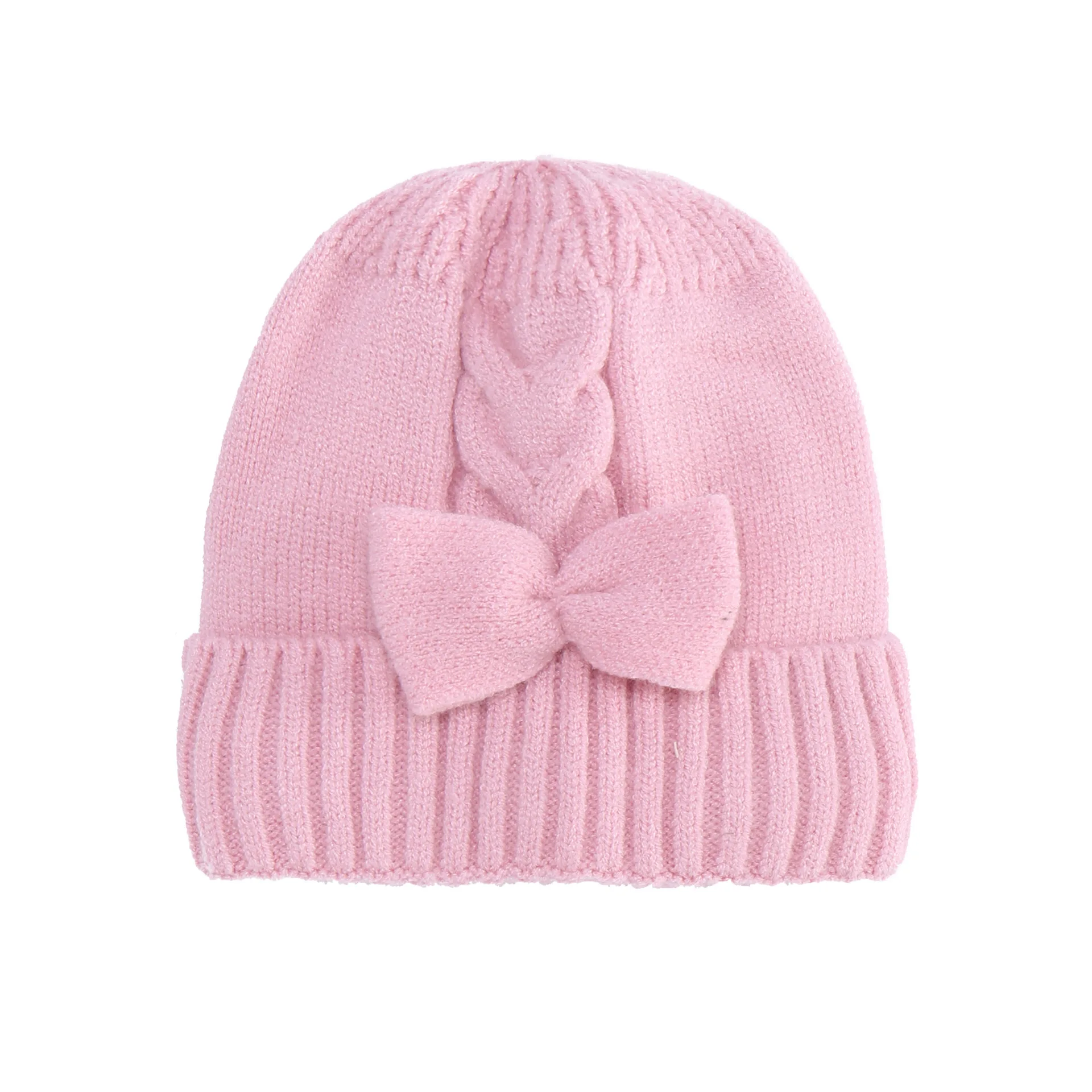 Newest Coming Winter Solid Color Knitted Bow Hat Suit For Baby And Children