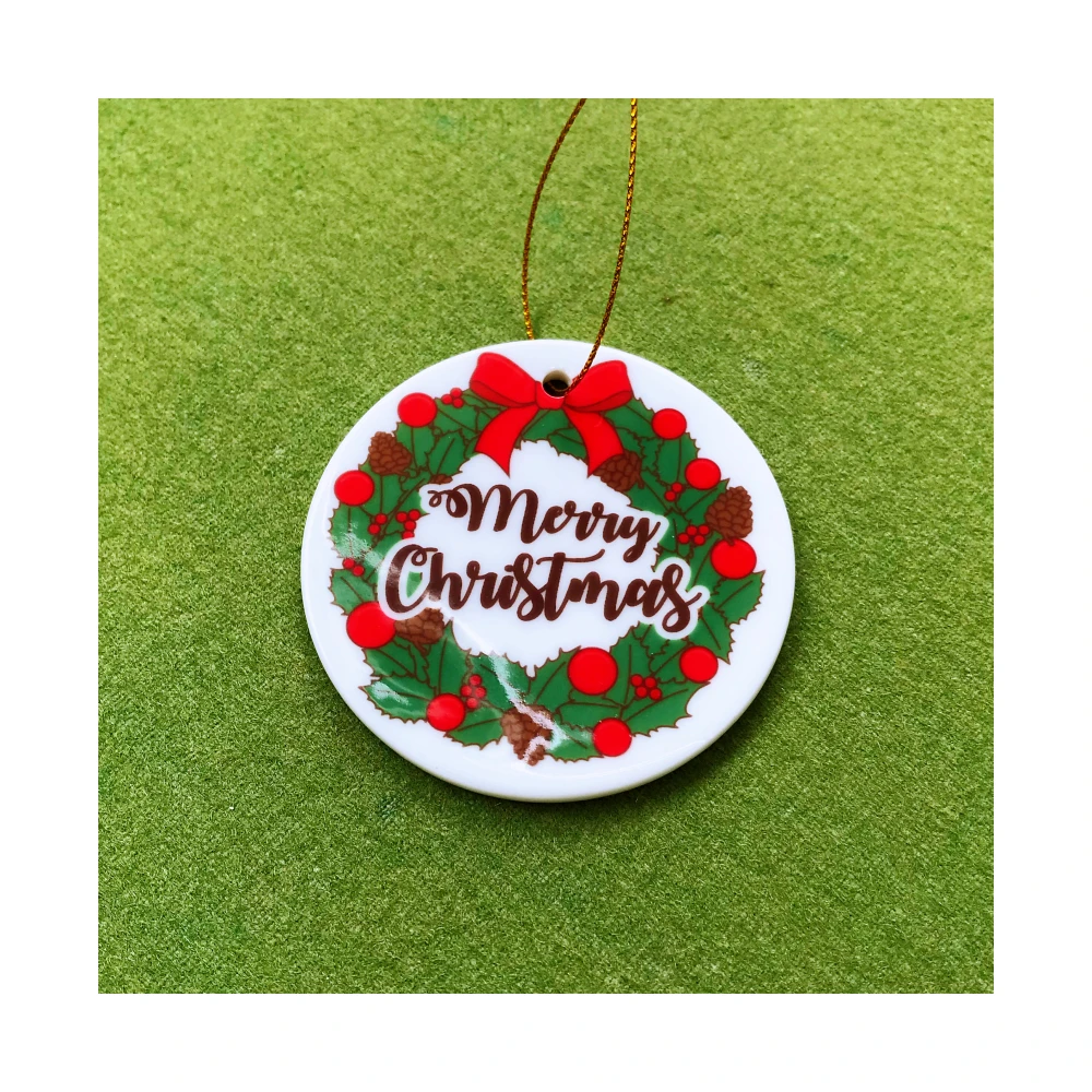 Популярные круглые рождественские украшения, 3 дюйма, 73 мм, блестящие белые фарфоровые сублимационные заготовки, 3 дюйма, рождественские Этикетки Из сублимационной керамики
