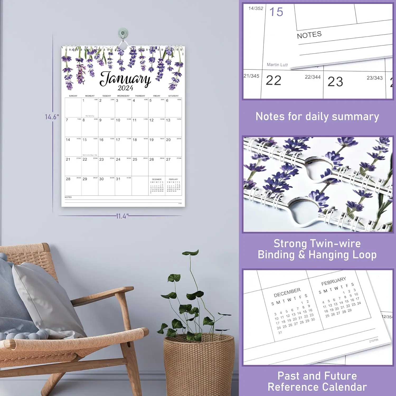 2024 Wall Calendar - Calendar from Jan 2024 - Dec 2024,2024 Calendar Monthly Planner with Julian Date, Strong