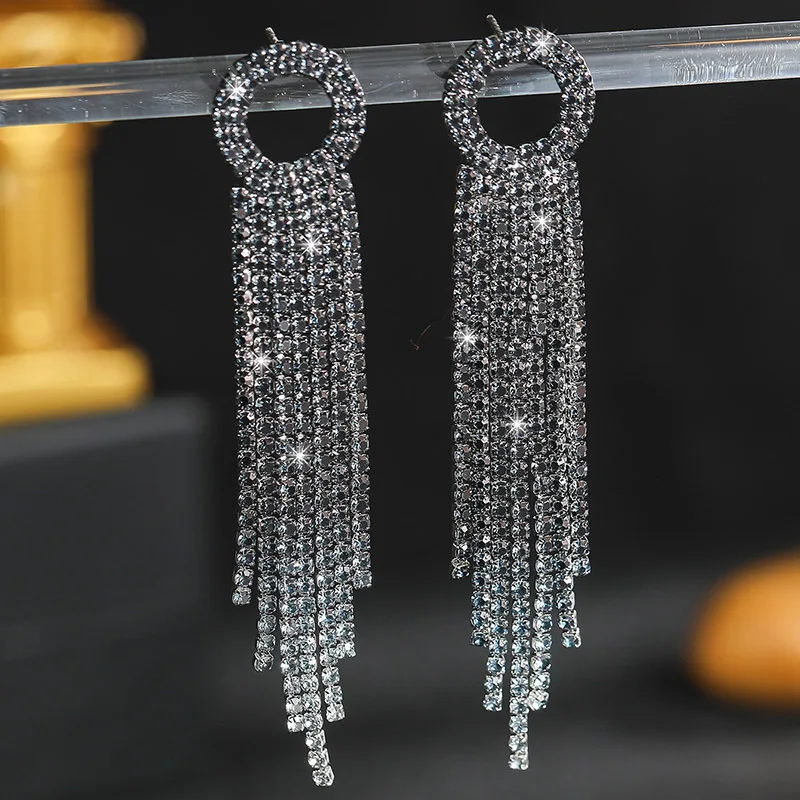 Wholesale Rhinestones Tassel Earrings Colorful Crystal Chain Earrings Jewelry Fashion Multi Color Drop Crystal Dangle Earrings