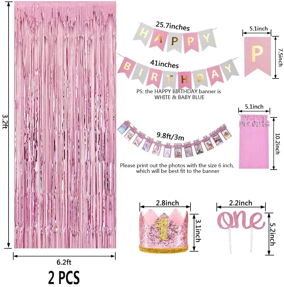 Pink Girl 1st Birthday Decorations Girls with 12 Months Photo Banner and 1st Birthday Baby Crown for  birthday party