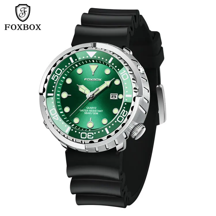 FOXBOX FB0024 high quality Custom Logo man timepiece  Silicone strap Waterproof date display low moq Casual wristwatch