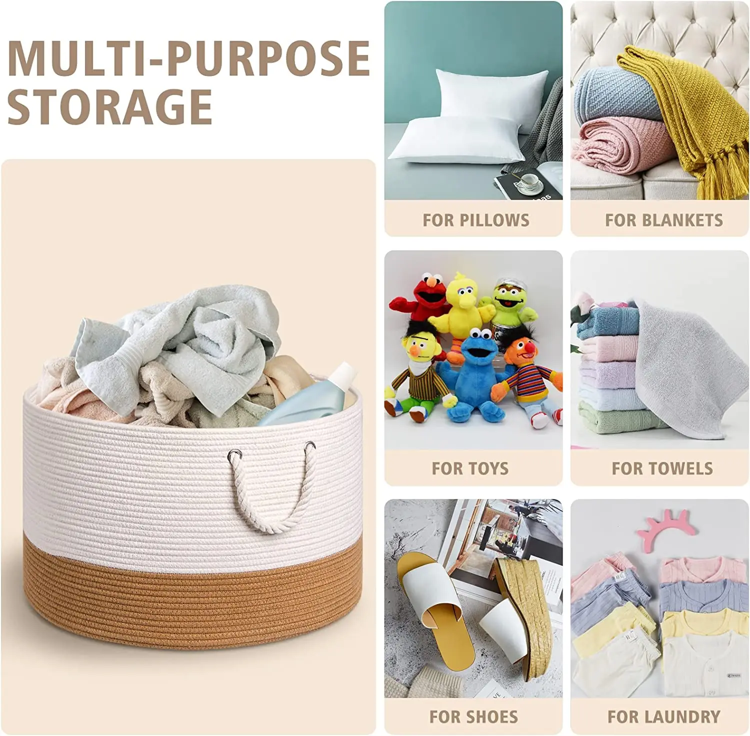 QJMAX Woven Cotton Rope Blanket Basket Living Room Bedroom Organization For Storage