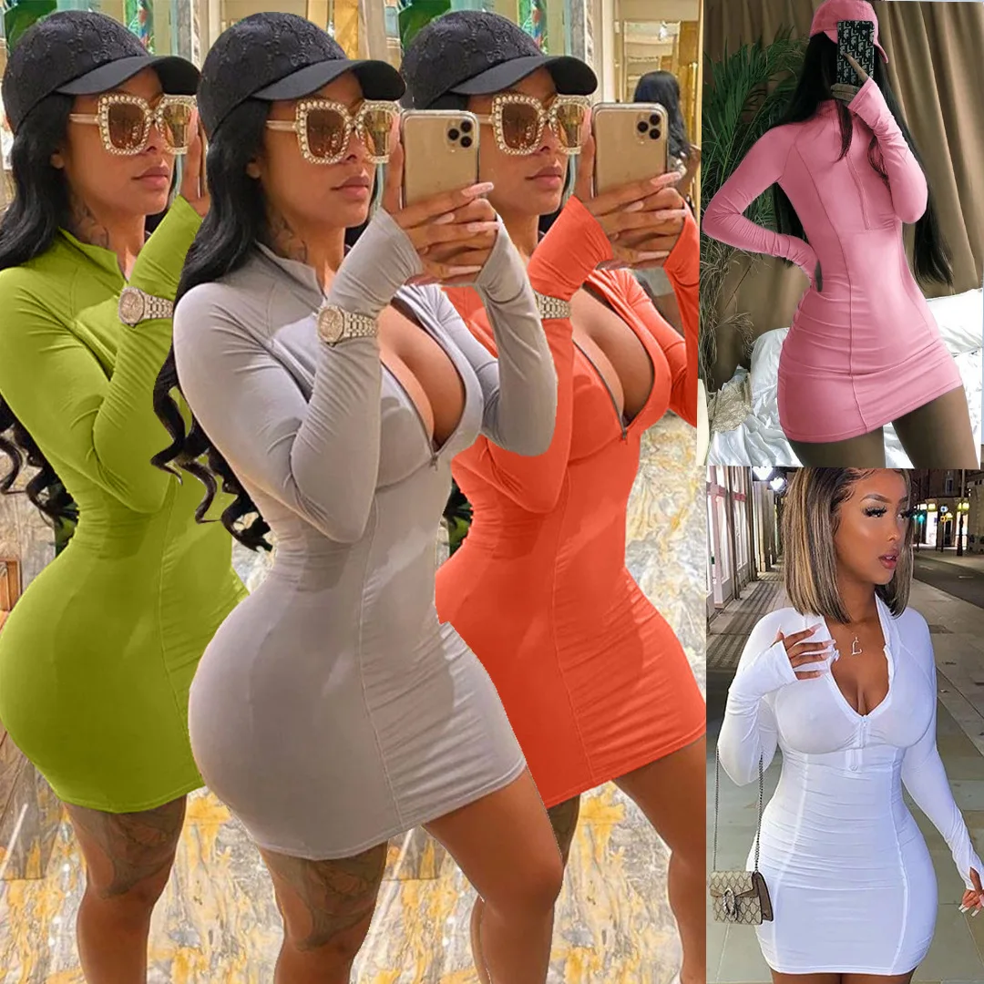 KaiChen 2021 Best Selling Autumn Skirt Fashion Casual Sexy  V Neck zipper up Solid Bodycon Party  Women Clothing Fall Mini Dress