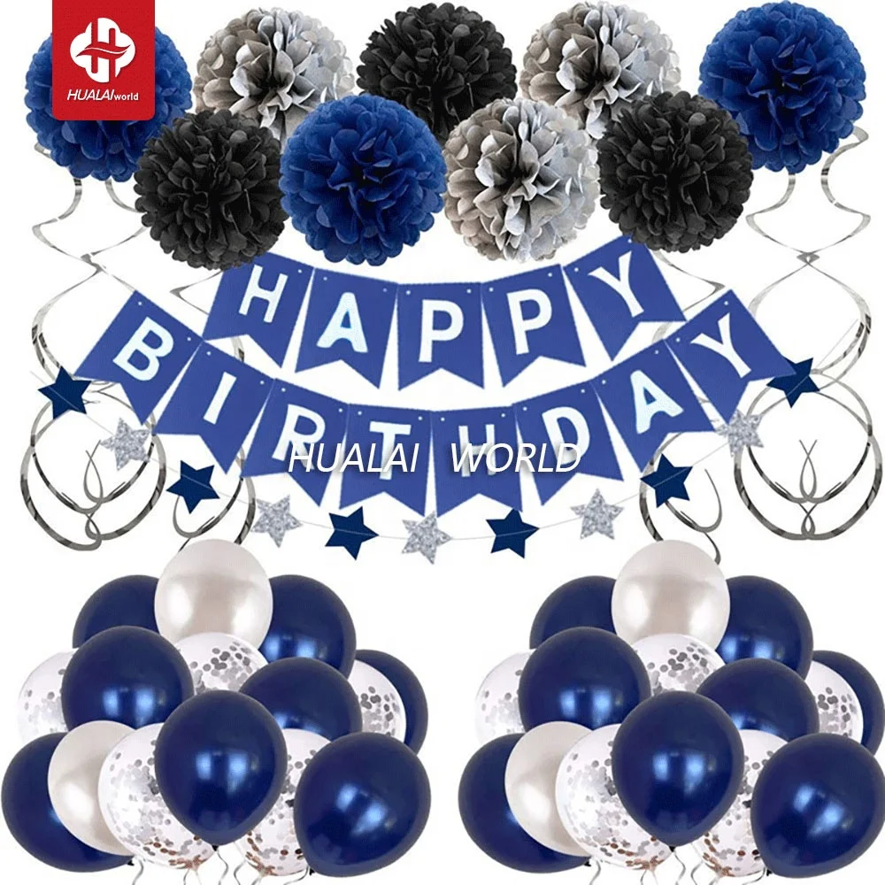 Синий баннер синий и серебряный воздушный шар для взрослых детей набор украшения дня рождения спиральный подвесной бумажный