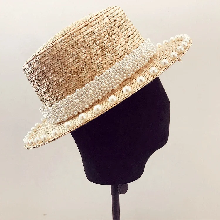 
Elegant vintage Hepburn style pearl wheat straw flat hat female summer Chic sunscreen beach women sun visor hat 