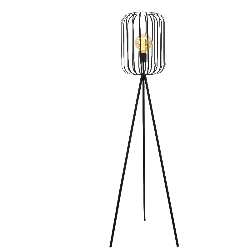 Contemporary Silhouette Design Indoor LED Standing Lighting Tall Matte Black Metal Cage Tripod Floor Lamp for Living Rooms