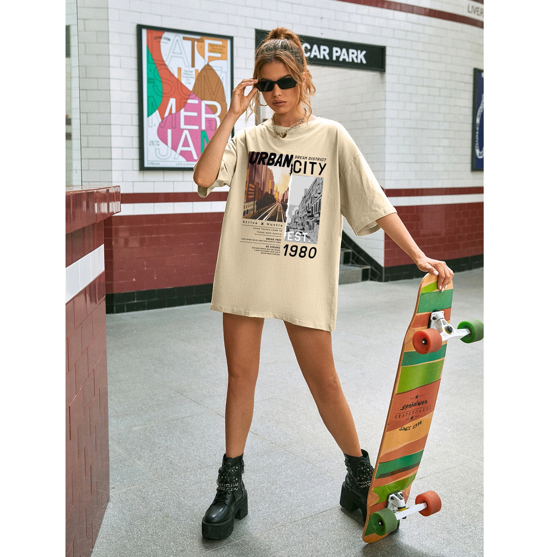 2021 Wholesale Vintage Black Printed Slogan Graphic Drop Shoulder Tee Women Oem Oversized Top Acid Enzyme Wash T Shirts