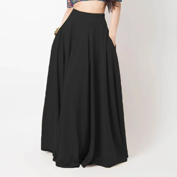 Plus Size Women Casual Long Maxi Skirt Solid Color High Waist Long Pleated Skirt With Pocket