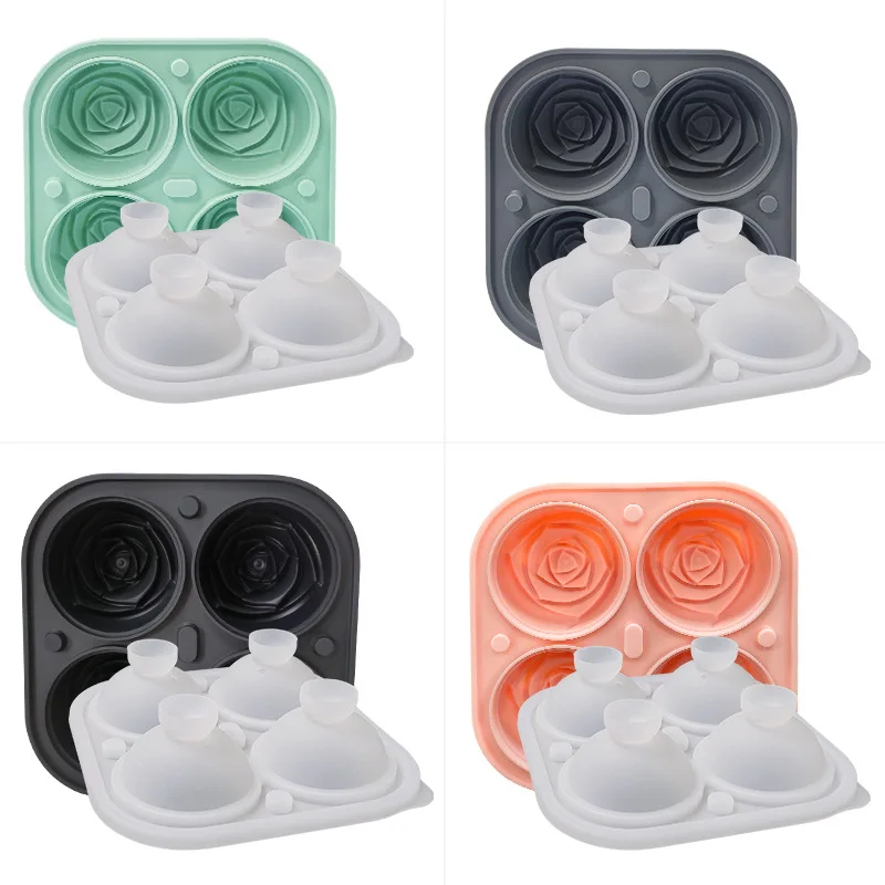 4 Cavity Homemade 3D Rose Flower Shape Silicone Easy Pop Out Whisky Ice Cube Tray Ball Mold Mould Maker