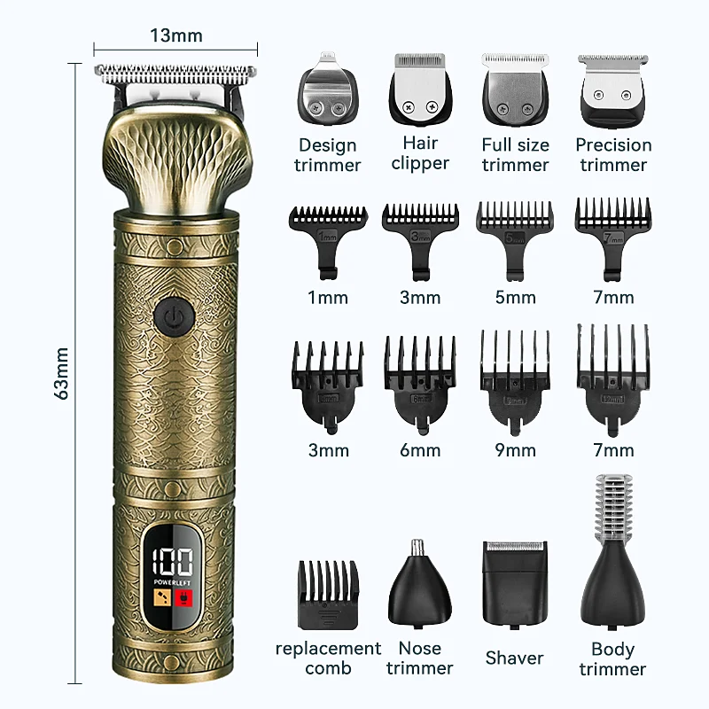 Lcd Display 7 in 1 Electric Professional Metal Waterproof Rechargeable Trimmer Hair Clipper