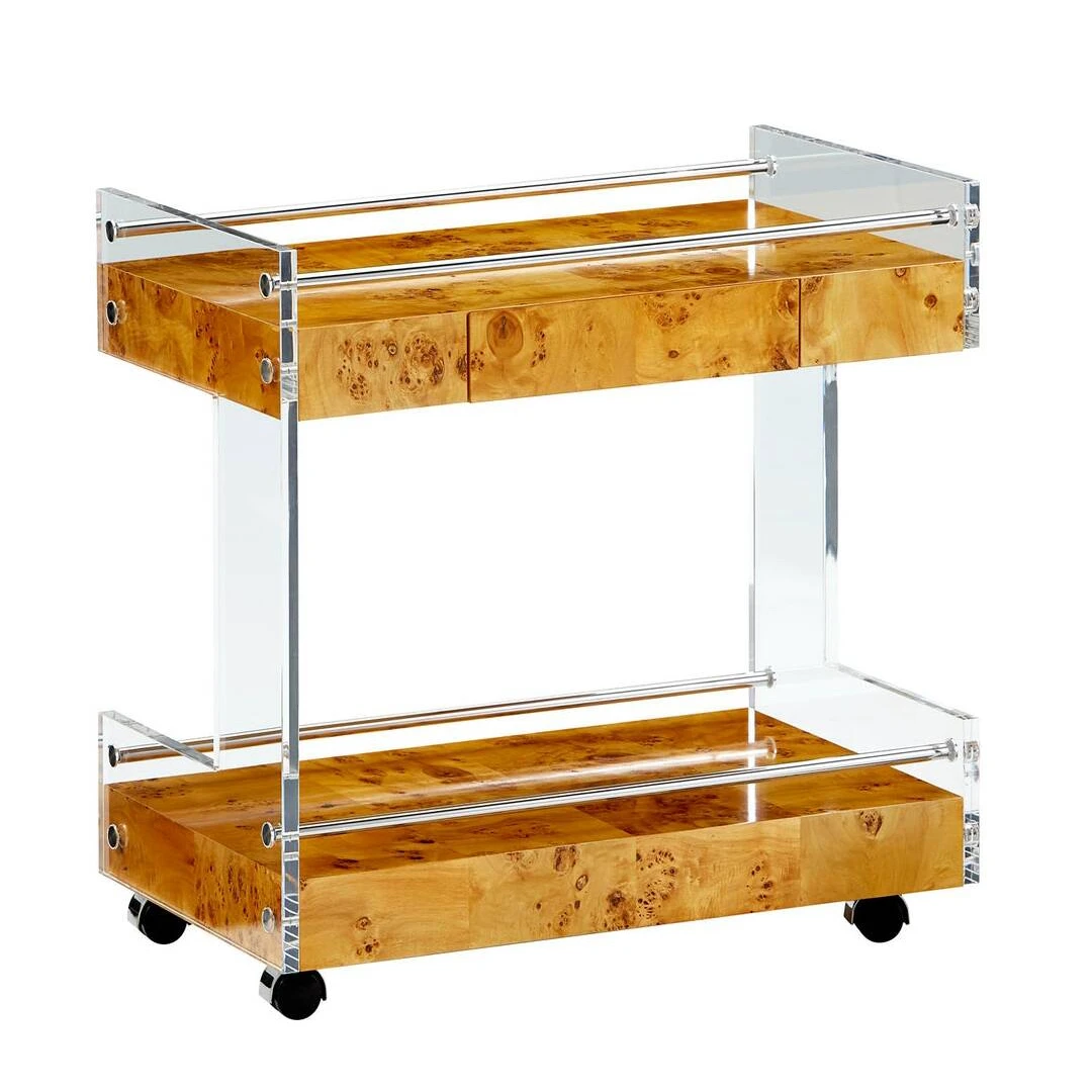 High Quality Acrylic Trolley Luxury Artistic American style Burl Wood Storage Bond Bar Cart With Wheel Hotel Living room