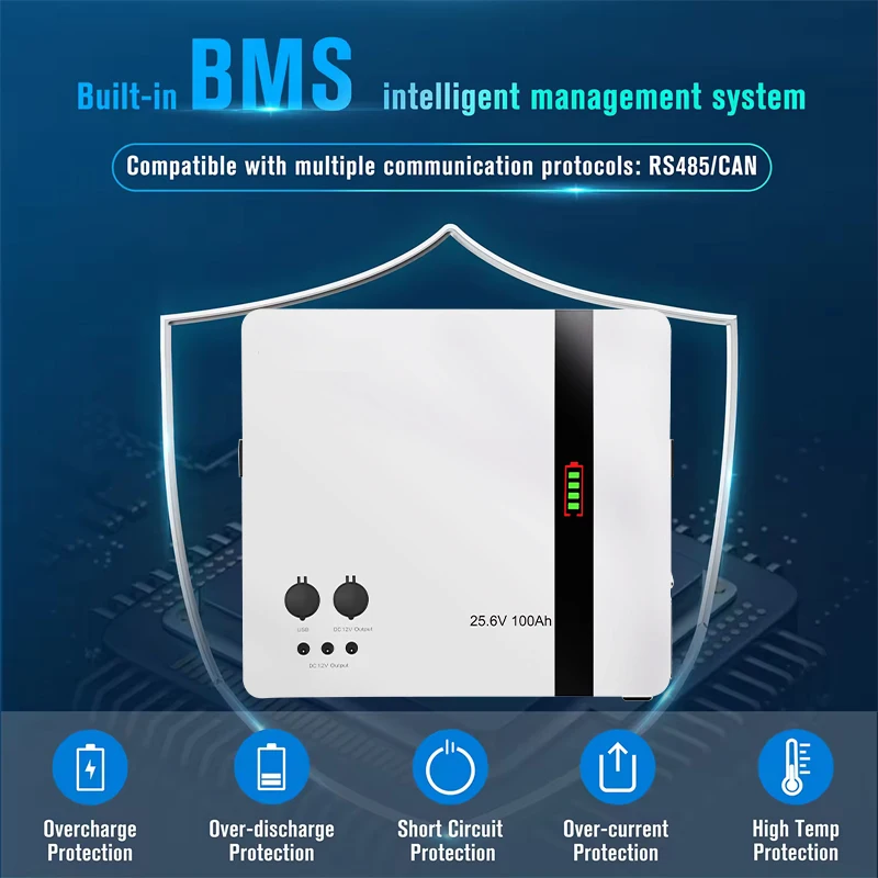 Lifepo4 power wall mount Battery 6000 Cycle lithium Solar Battery Pack 25.6v 100ah 5kwh Home Energy Storage Battery with BMS