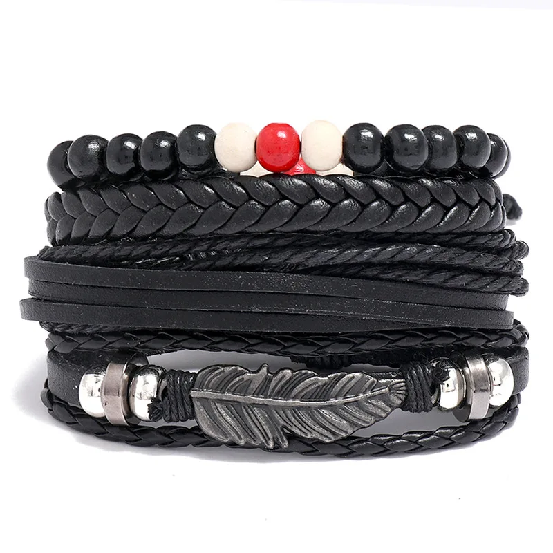 Fashion feather beaded Jewelry Handmade Woven Vintage multilayer Bracelet DIY 4 pieces set bracelets for men and women